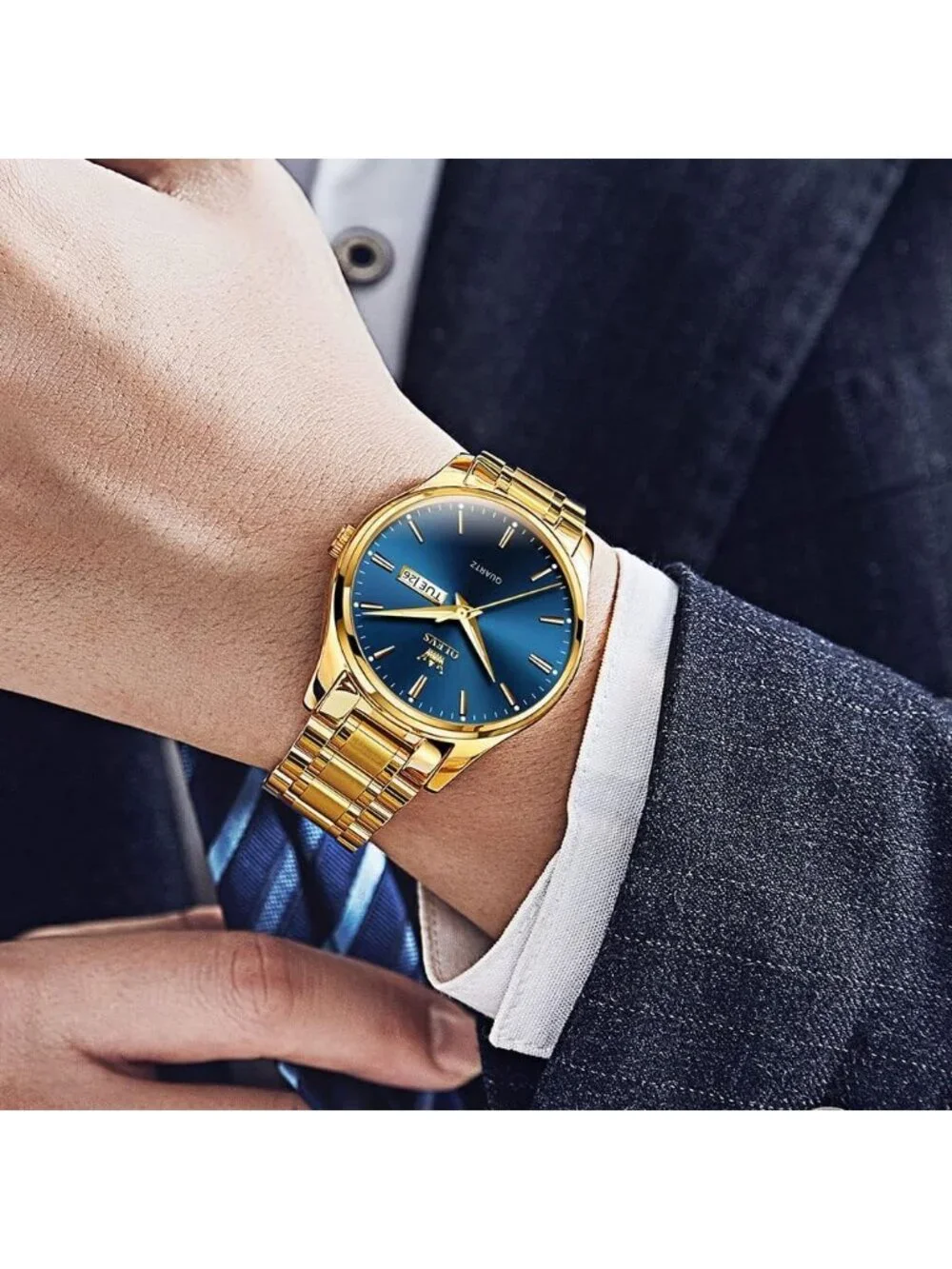Men's Gold Blue Stainless Steel Analog Quartz Classic Waterproof Round Watch
